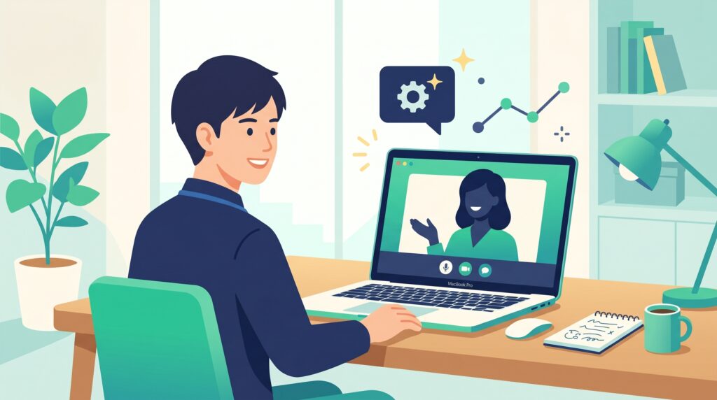 オンラインでAIスクールの無料相談を受ける様子のイラスト
